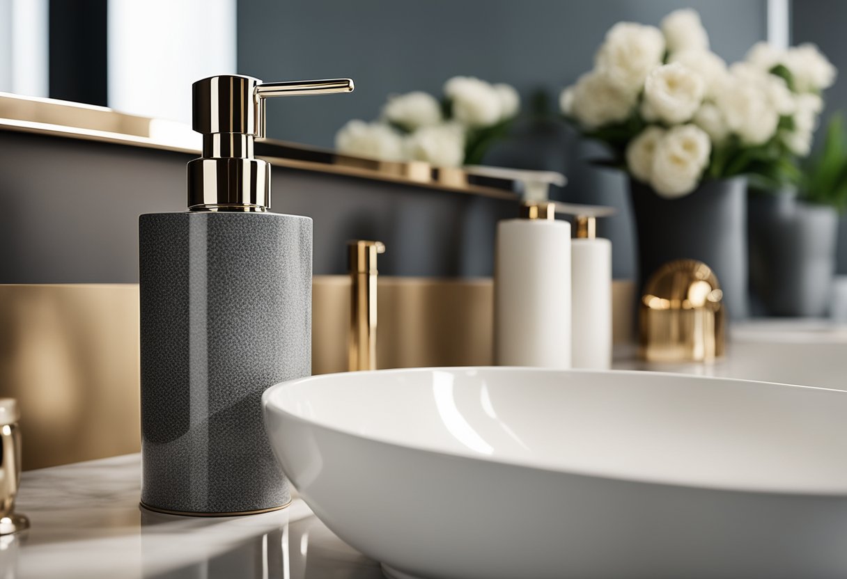 A modern bathroom with sleek countertops, adorned with stylish accessories and functional enhancements like a soap dispenser and a decorative tray