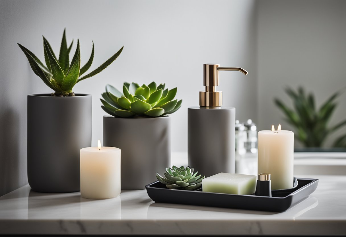 Various bathroom countertop accessories arranged in a stylish and organized manner, including soap dispensers, candles, succulents, and decorative trays