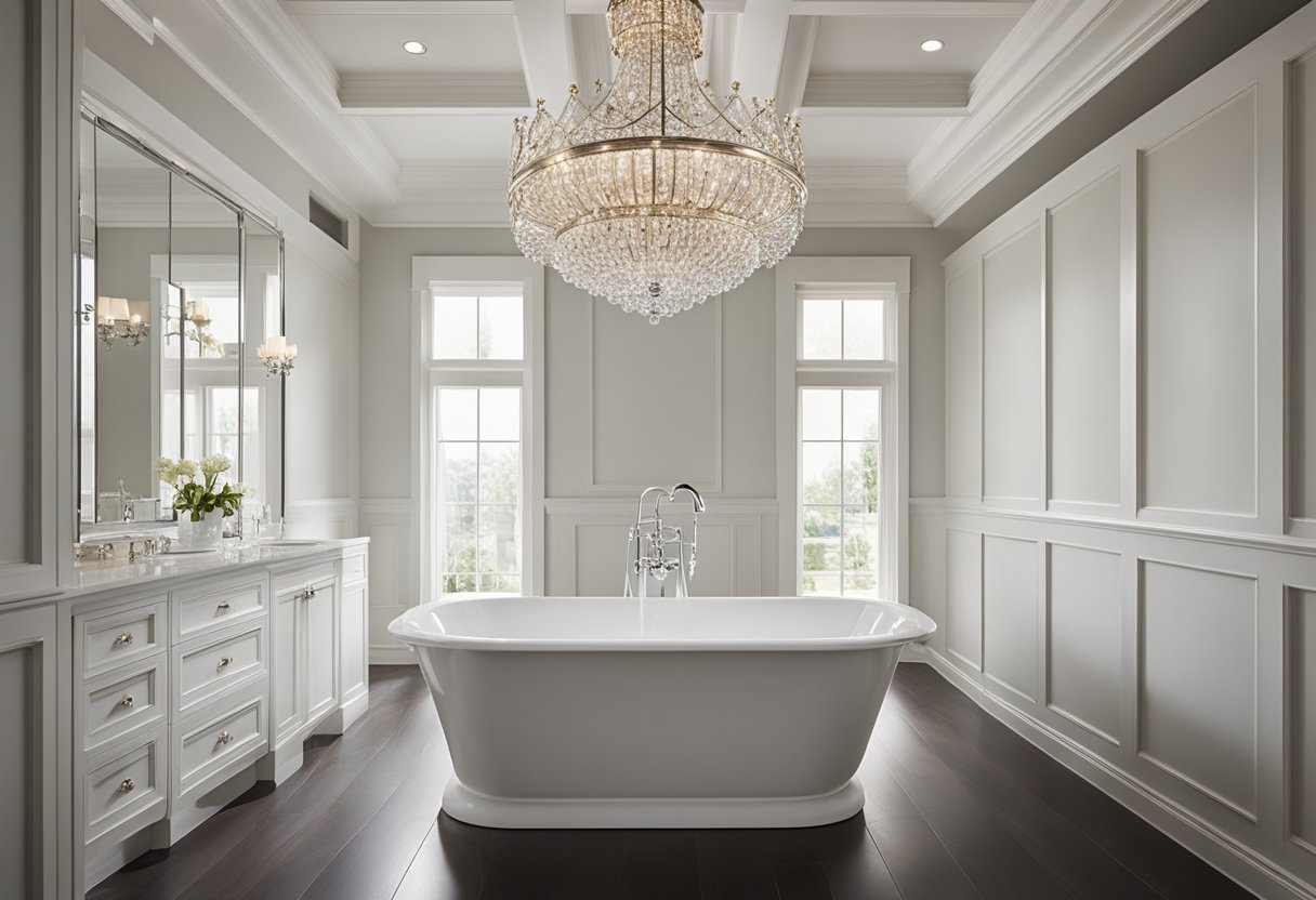 A bathroom with a high, vaulted ceiling featuring elegant crown molding and a sparkling chandelier. The ceiling is painted a crisp white, creating a bright and airy atmosphere