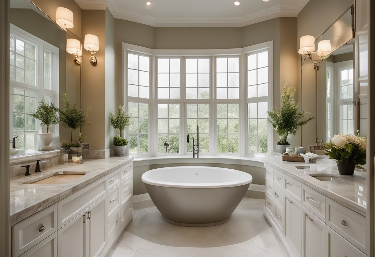 A well-lit bathroom with marble countertops and decorative accents. Natural light filters through a frosted window, casting soft shadows on the elegant decor