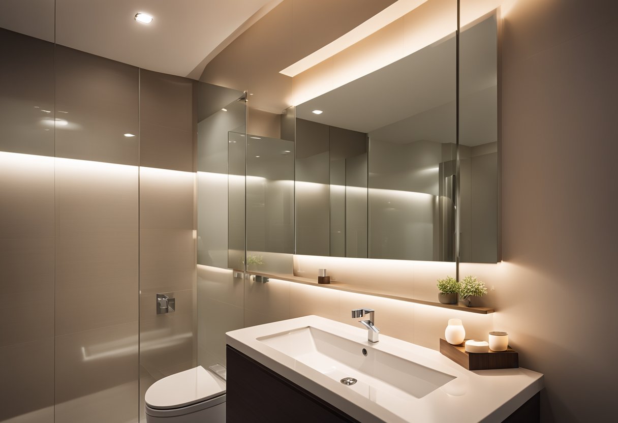 Soft, diffused light emanates from recessed ceiling fixtures, casting a warm glow over the bathroom. A sleek pendant light hangs above the vanity, providing focused illumination. The ceiling features a unique design with integrated lighting, creating a stunning visual effect