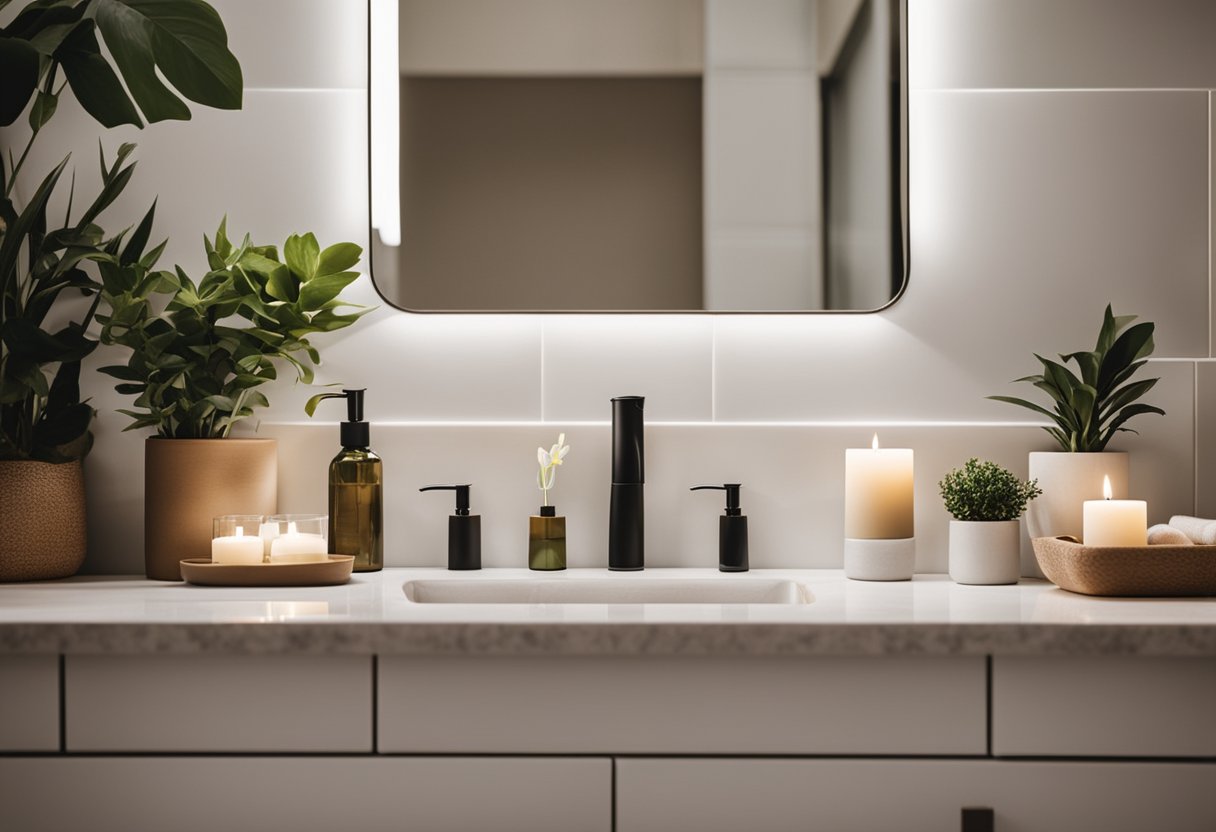 A clean, organized bathroom countertop with neatly arranged decorative items like candles, plants, and stylish storage containers