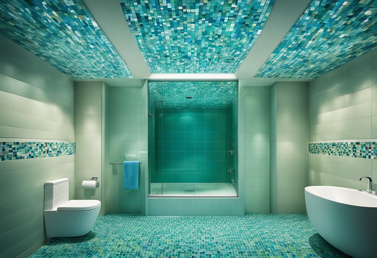 A bathroom ceiling with intricate mosaic tiles in shades of blue and green, creating a stunning and textured visual effect