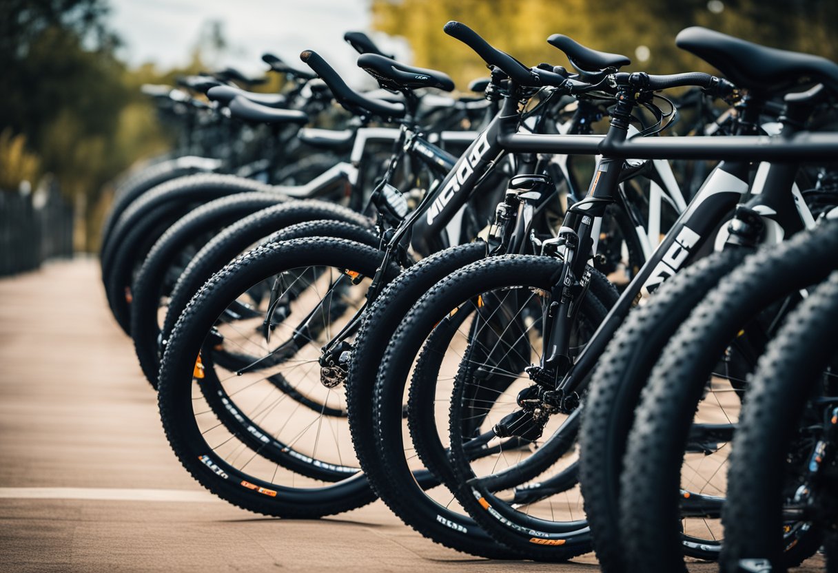 A group of sleek, modern mountain bikes lined up in a row, showcasing their lightweight frames and rugged tires, with price tags prominently displaying "under $1000"