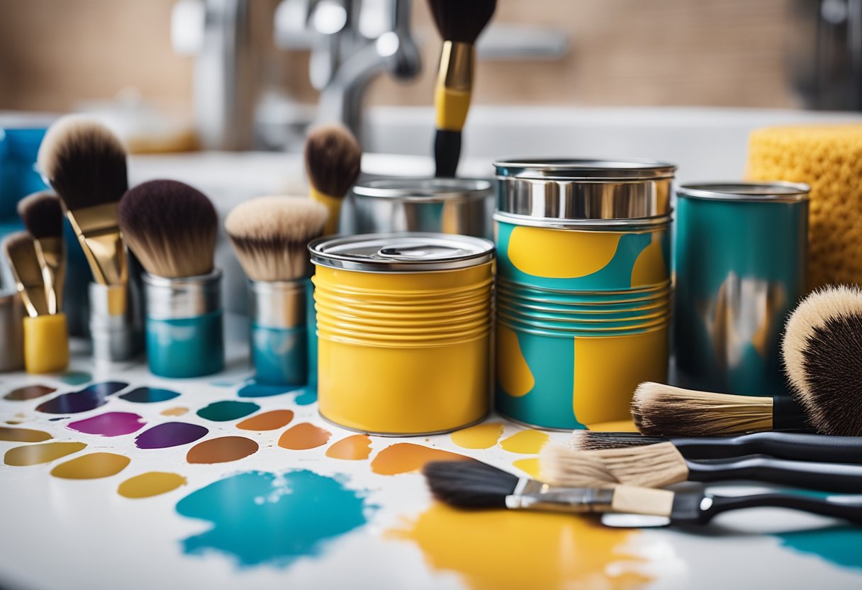 A bathroom countertop with colorful paint cans, brushes, and stencils laid out for a DIY decorating project