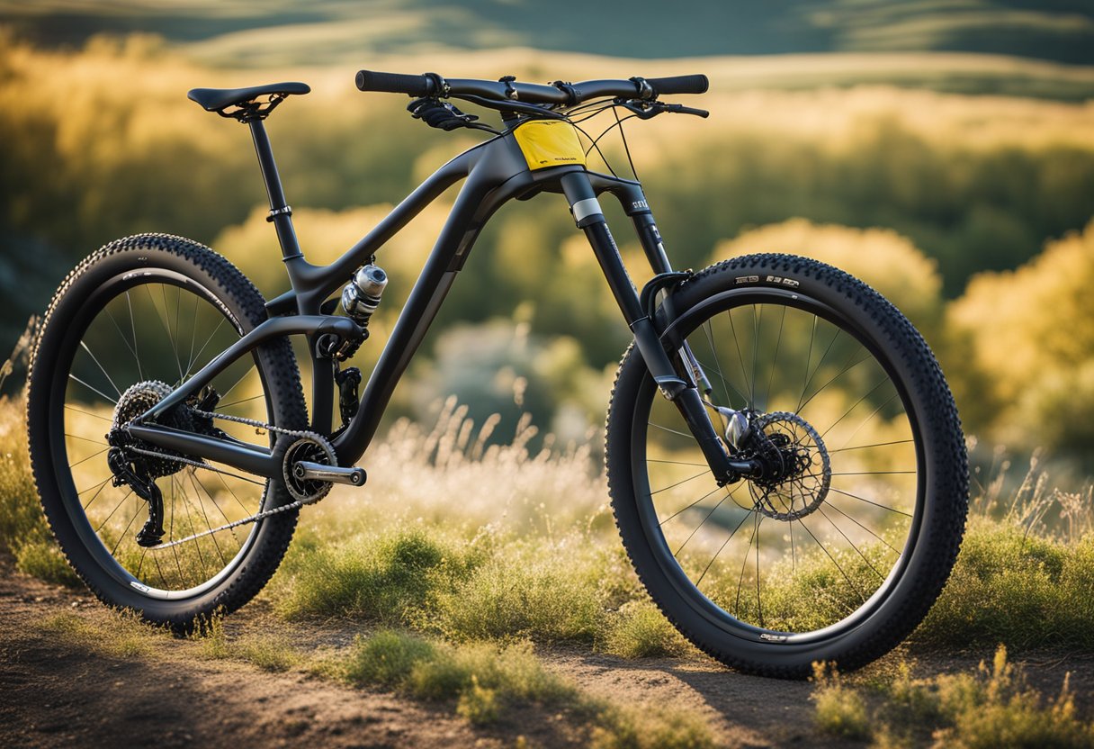 A sleek, modern mountain bike with a lightweight frame, durable tires, and efficient disc brakes. A scenic mountain trail in the background