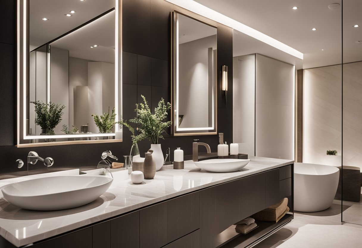 A modern bathroom with sleek, marble countertops and innovative decor accents like geometric vases and minimalist lighting fixtures