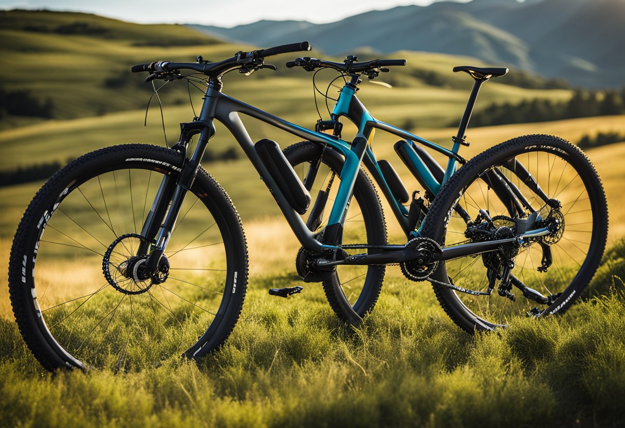 A group of sleek, modern mountain bikes lined up against a scenic backdrop of rolling hills and rugged trails. Each bike is equipped with high-quality components and features a lightweight frame for easy maneuverability