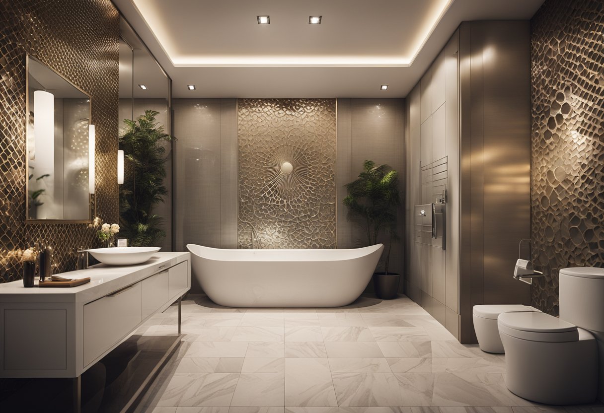 A modern bathroom with a unique ceiling design, featuring intricate patterns and ambient lighting