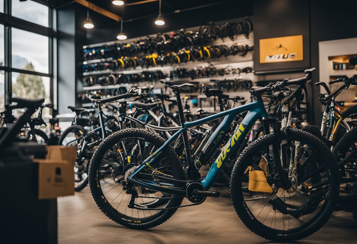 A mountain bike shop with a variety of lightweight bikes under $1000 displayed, with clear price tags and specifications. Outdoor scenery and mountain trails visible through the windows