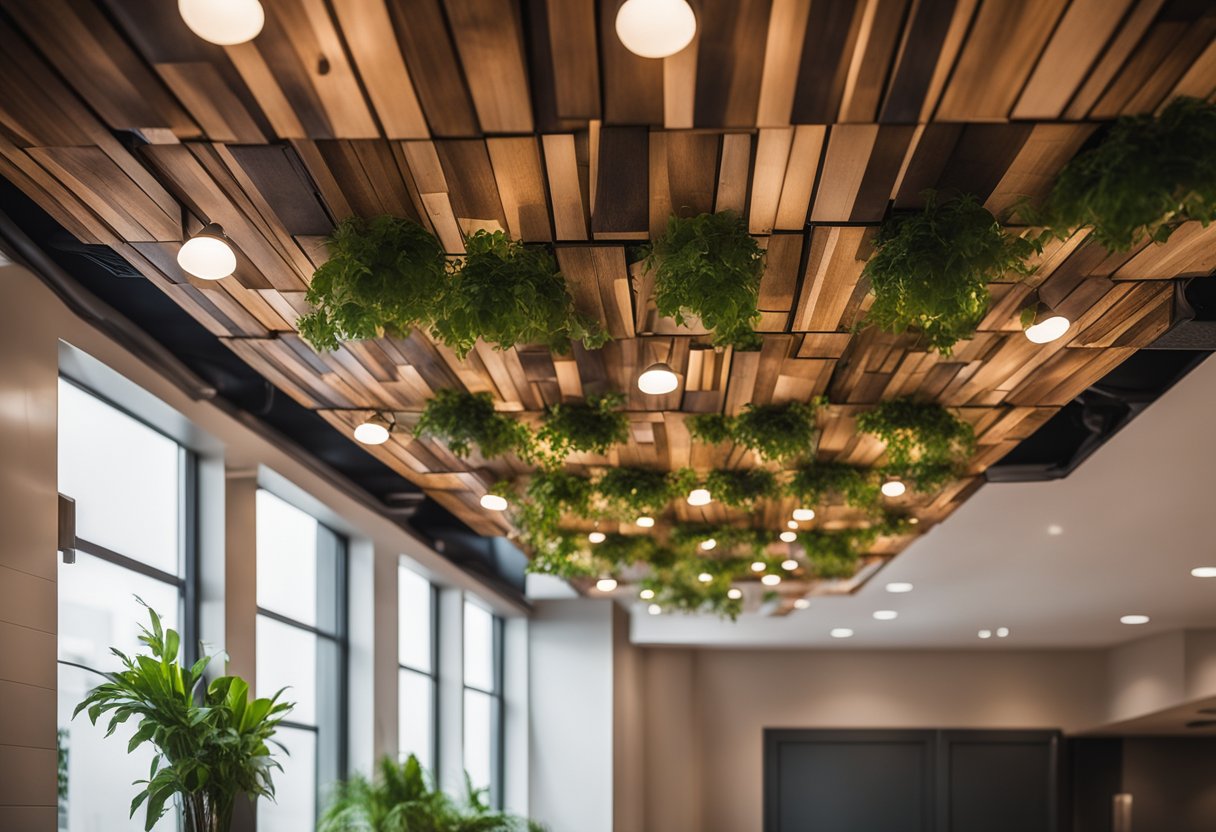 A bathroom ceiling adorned with recycled wood panels, LED lighting, and hanging plants, creating a serene and sustainable atmosphere