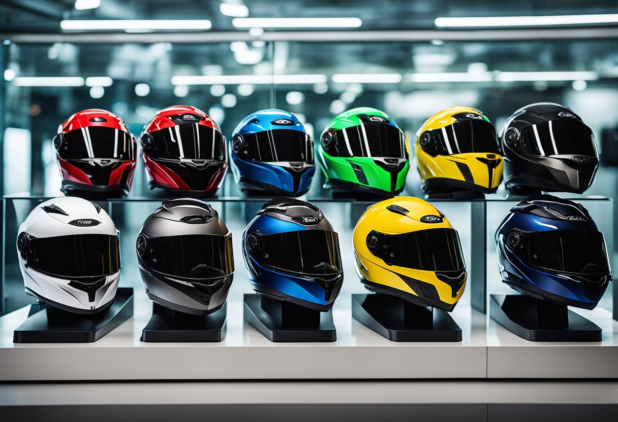 A group of top modular Bluetooth motorcycle helmets arranged on a sleek display stand