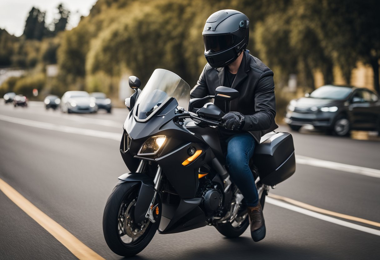 A rider wearing a modular Bluetooth helmet, seamlessly switching from listening to music to making a phone call, all while enjoying the open road