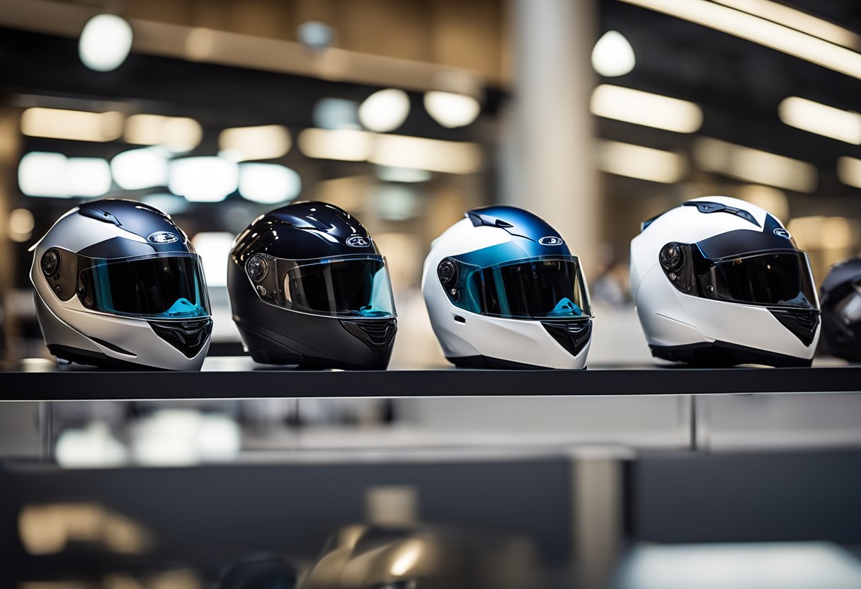 A lineup of top modular Bluetooth motorcycle helmets arranged on a display stand. Each helmet features sleek, modern design and built-in Bluetooth technology