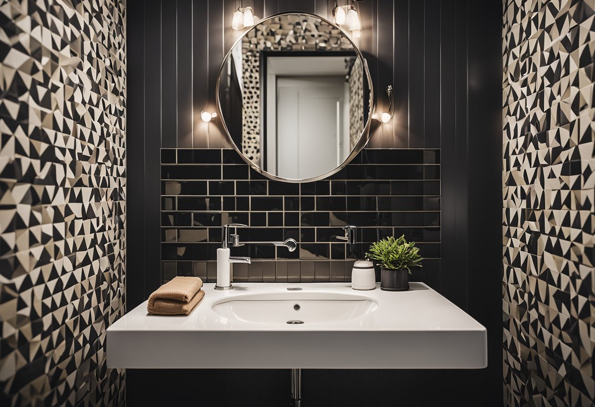 A half bathroom with modern fixtures and bold wallpaper, maximizing style with clever design principles