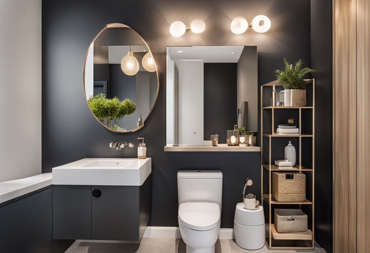 A small half bathroom with clever storage solutions and stylish decor. A floating sink, wall-mounted shelves, and a mirrored cabinet create an illusion of space. A bold accent wall adds a pop of color