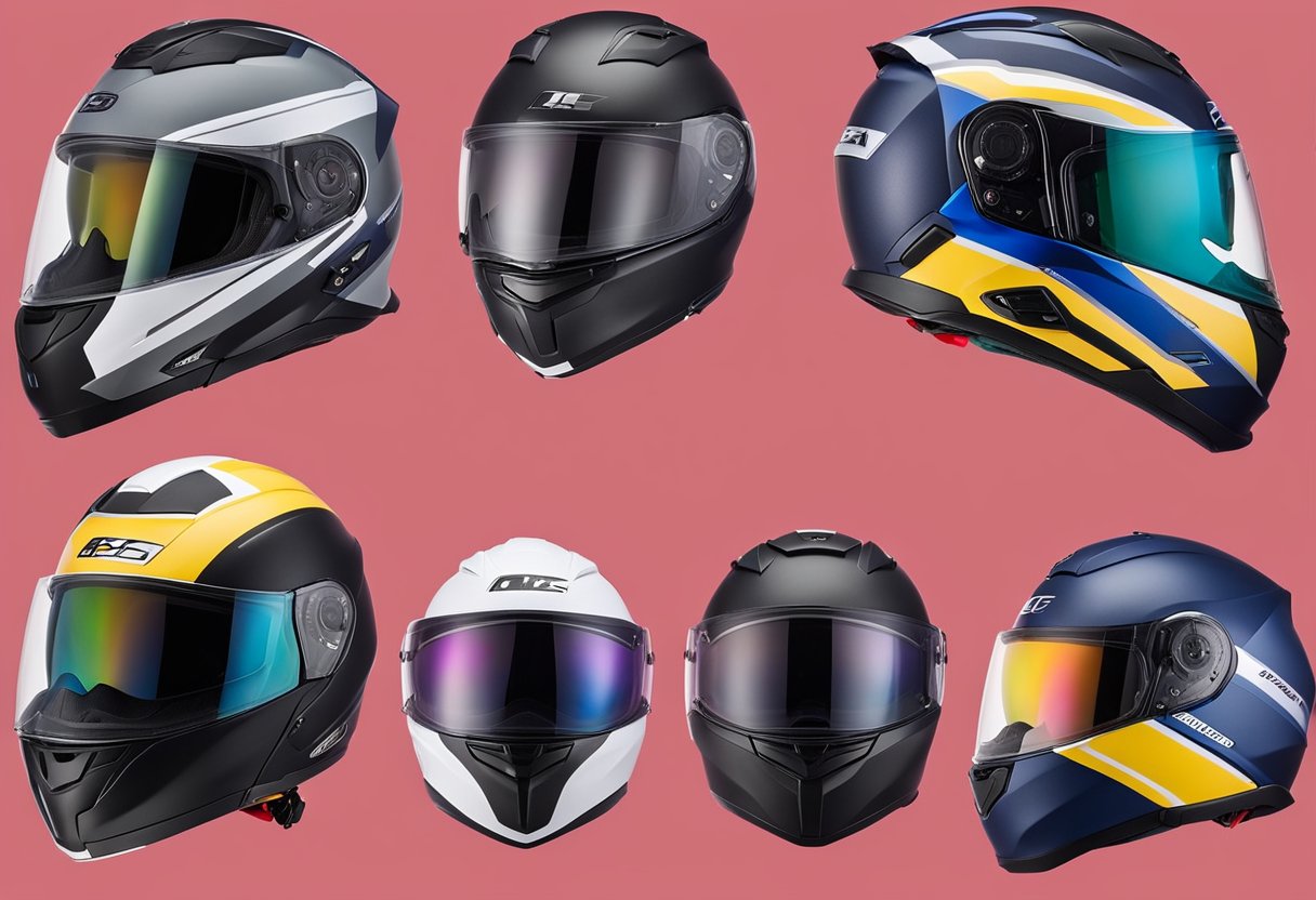 Modular Bluetooth motorcycle helmets with safety standards and certifications displayed prominently