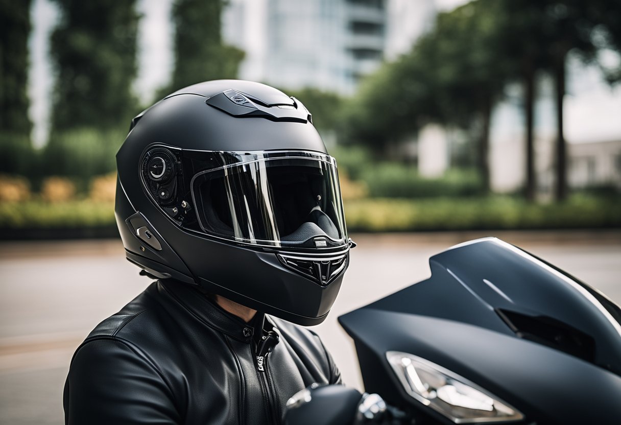 A motorcycle helmet with Bluetooth integration sits on a sleek, modern motorcycle, showcasing its compatibility with technology