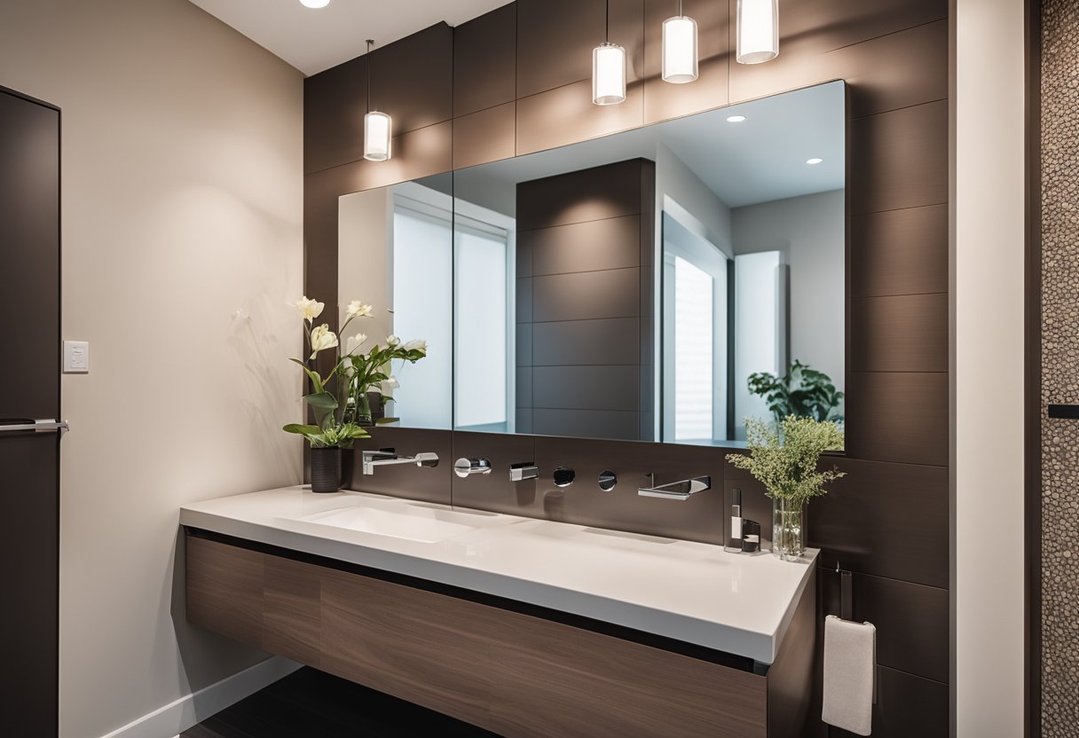 A half bathroom with a modern color scheme, natural lighting, and sleek fixtures. A combination of cool and warm tones creates a stylish and inviting atmosphere