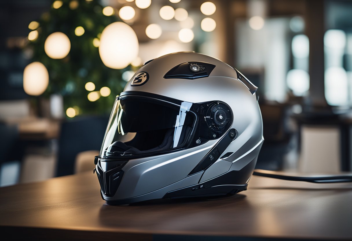 A modular Bluetooth motorcycle helmet sits on a table with a charging cable plugged into it, indicating battery life and charging capabilities