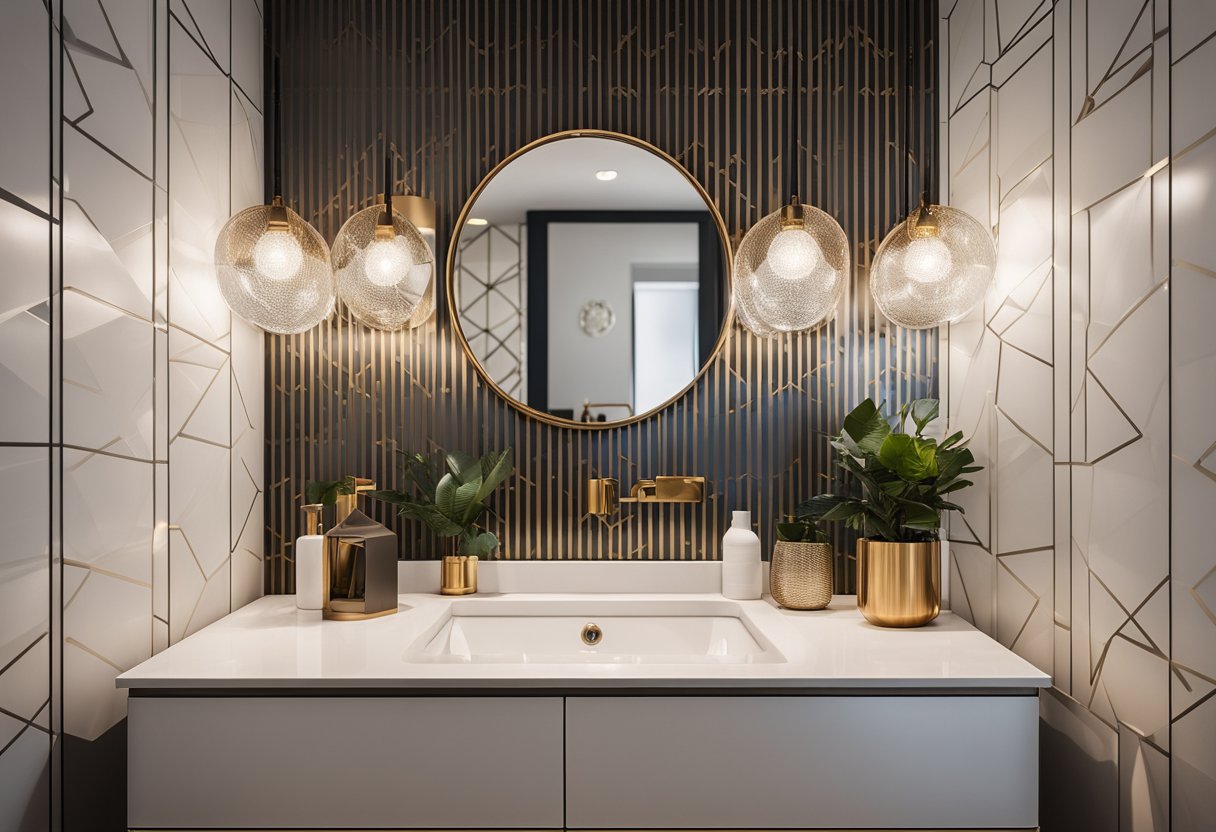 A half bathroom with modern fixtures, geometric wallpaper, and metallic accents. A small vanity with a sleek mirror and decorative lighting completes the stylish look