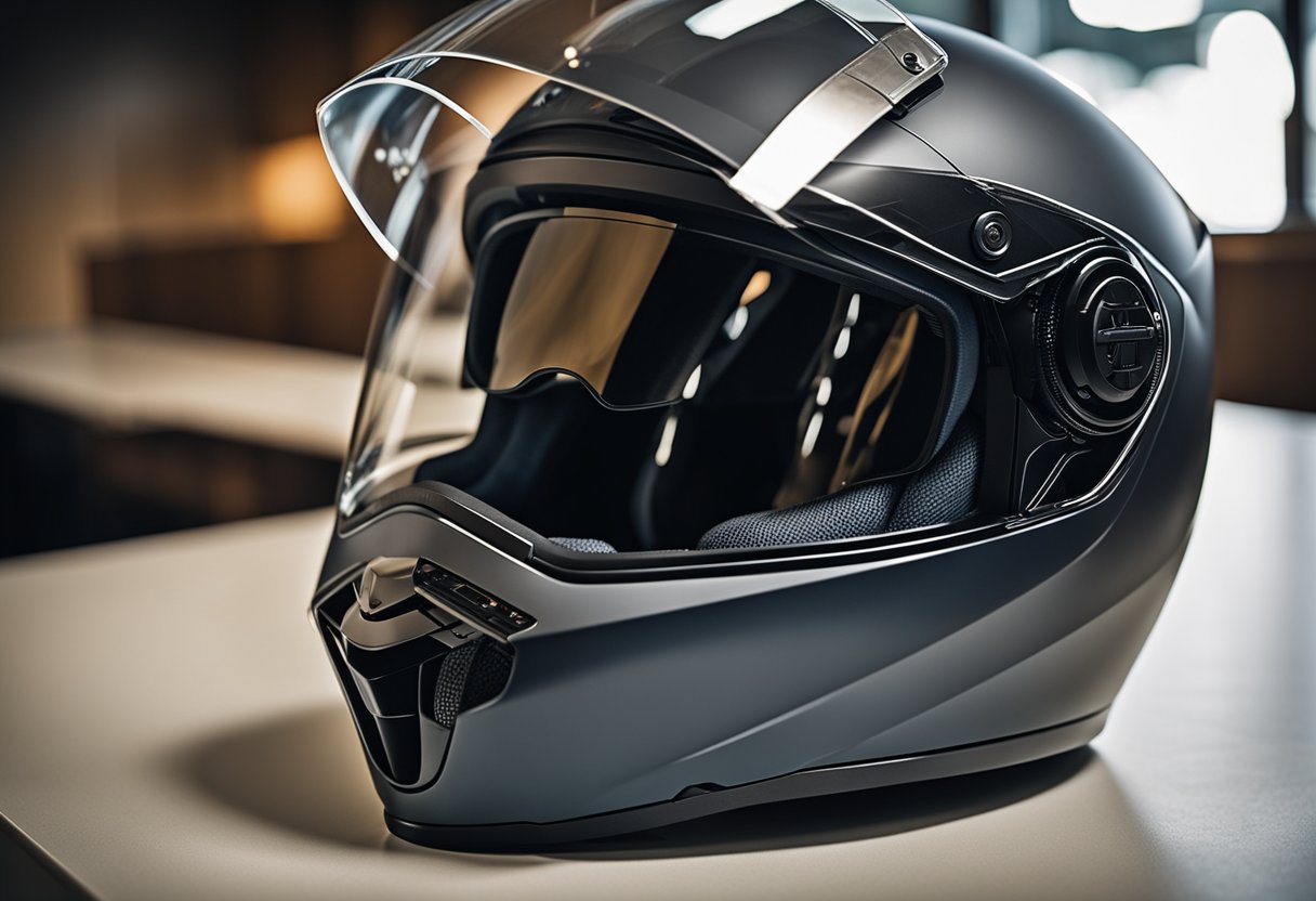 A motorcycle helmet with visor and sun shield technology, featuring Bluetooth, sits on a clean, modern table