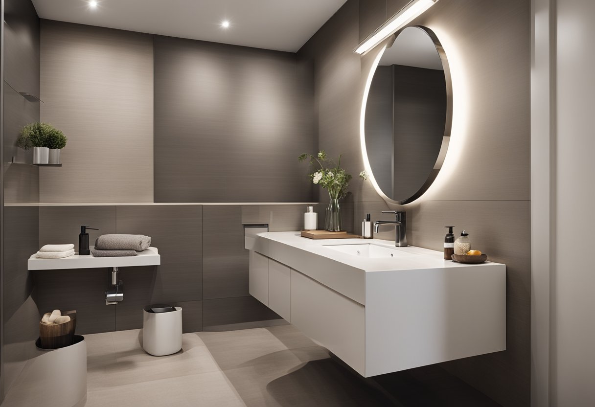 A sleek half bathroom with modern fixtures and a minimalist design. Clean lines and a neutral color palette create a stylish and functional space