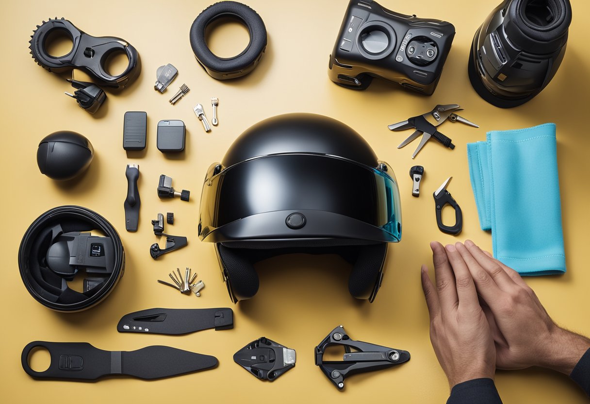 A hand reaches for a modular Bluetooth motorcycle helmet on a clean, well-lit workbench, surrounded by tools and cleaning supplies