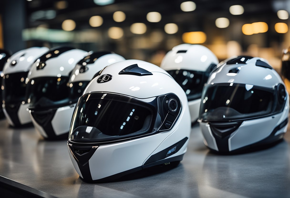 A lineup of sleek, modular Bluetooth motorcycle helmets with varying price tags, showcasing their value for money