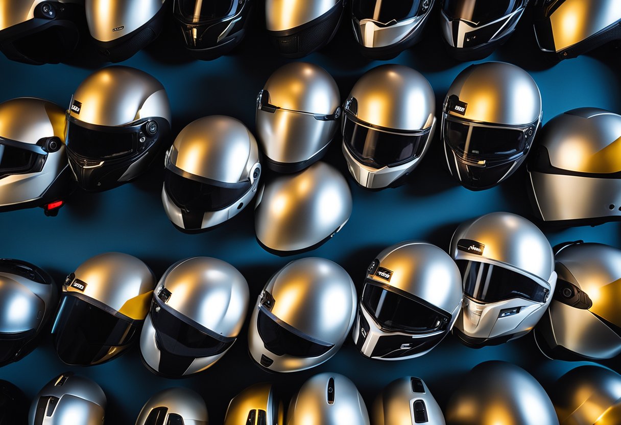 A lineup of sleek modular Bluetooth motorcycle helmets, arranged in a row, with glowing user reviews and star ratings displayed above each one