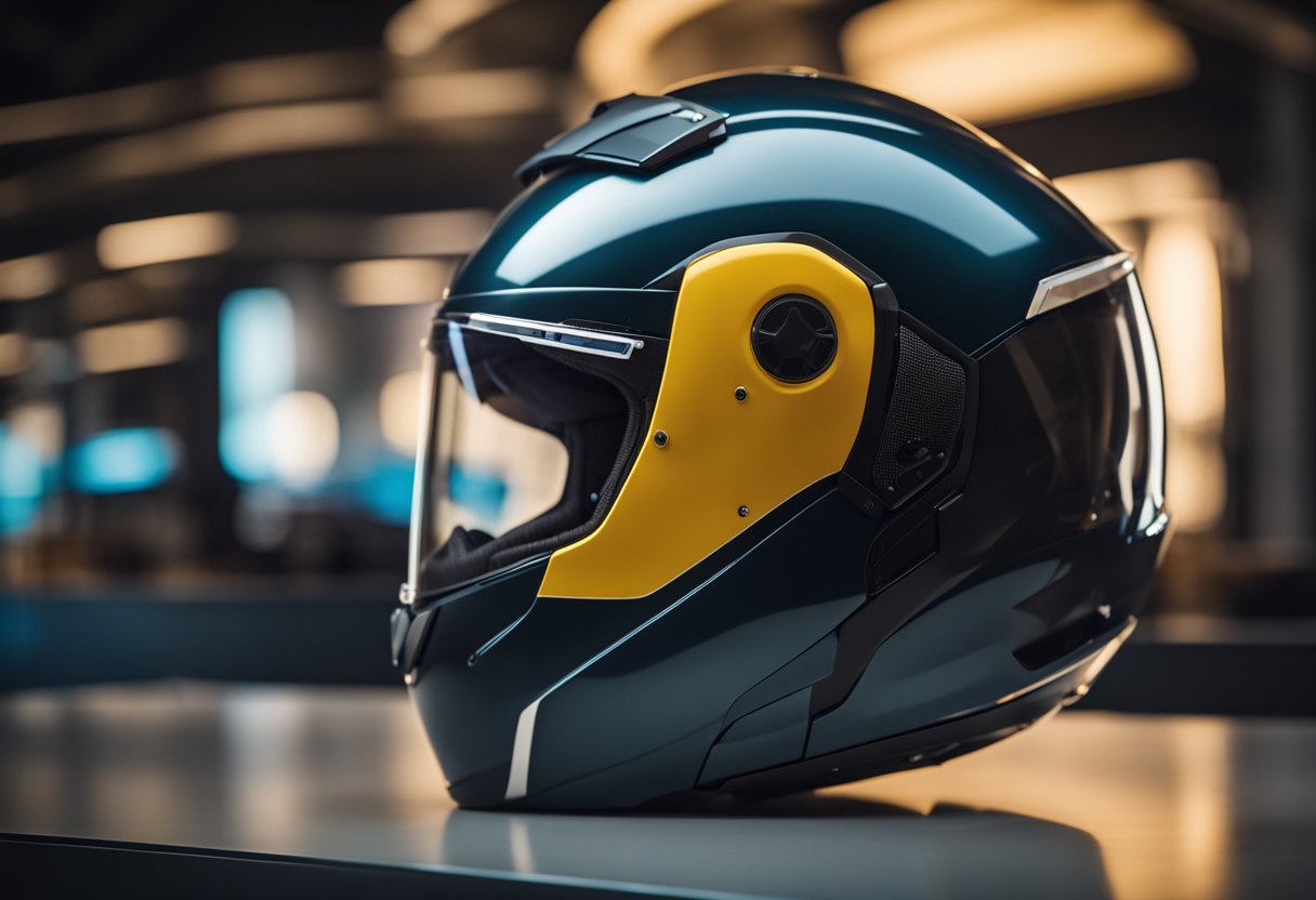 A top modular Bluetooth motorcycle helmet is displayed on a sleek, modern stand against a futuristic backdrop