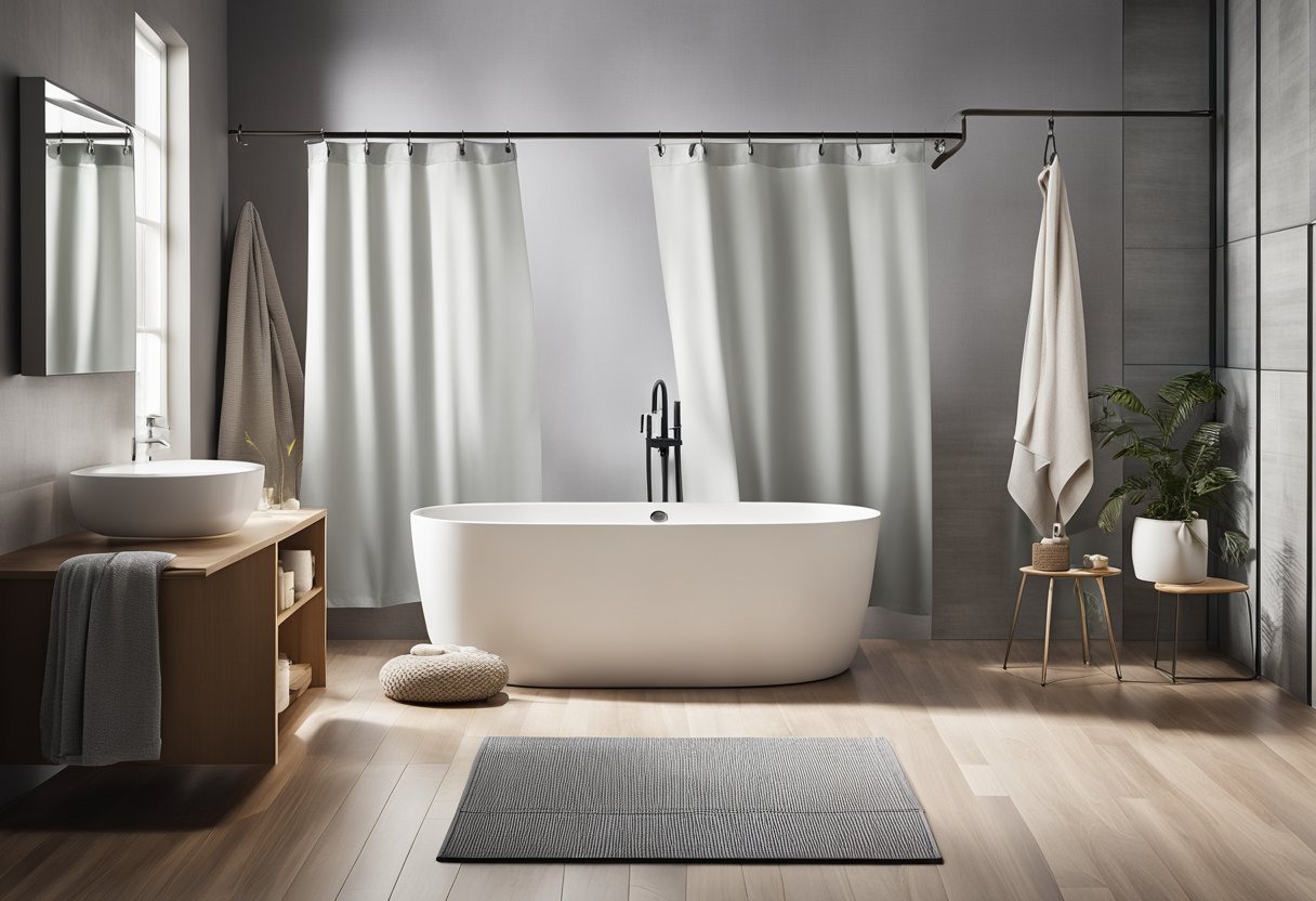 A bathroom with a fabric shower curtain in a modern design, hanging from metal hooks, with a coordinating bath mat on the floor