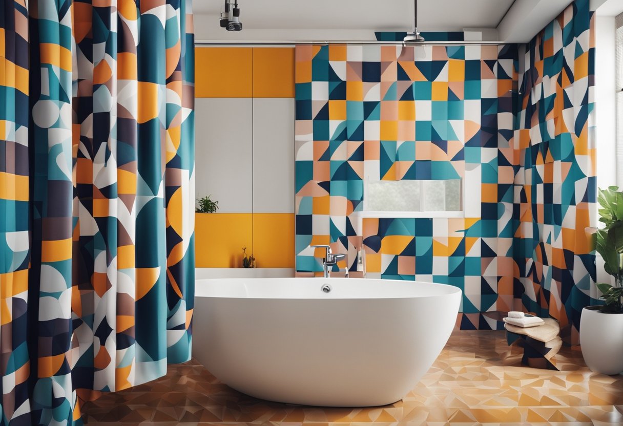 A bathroom with a colorful patterned shower curtain, featuring bold geometric shapes and a modern, stylish design