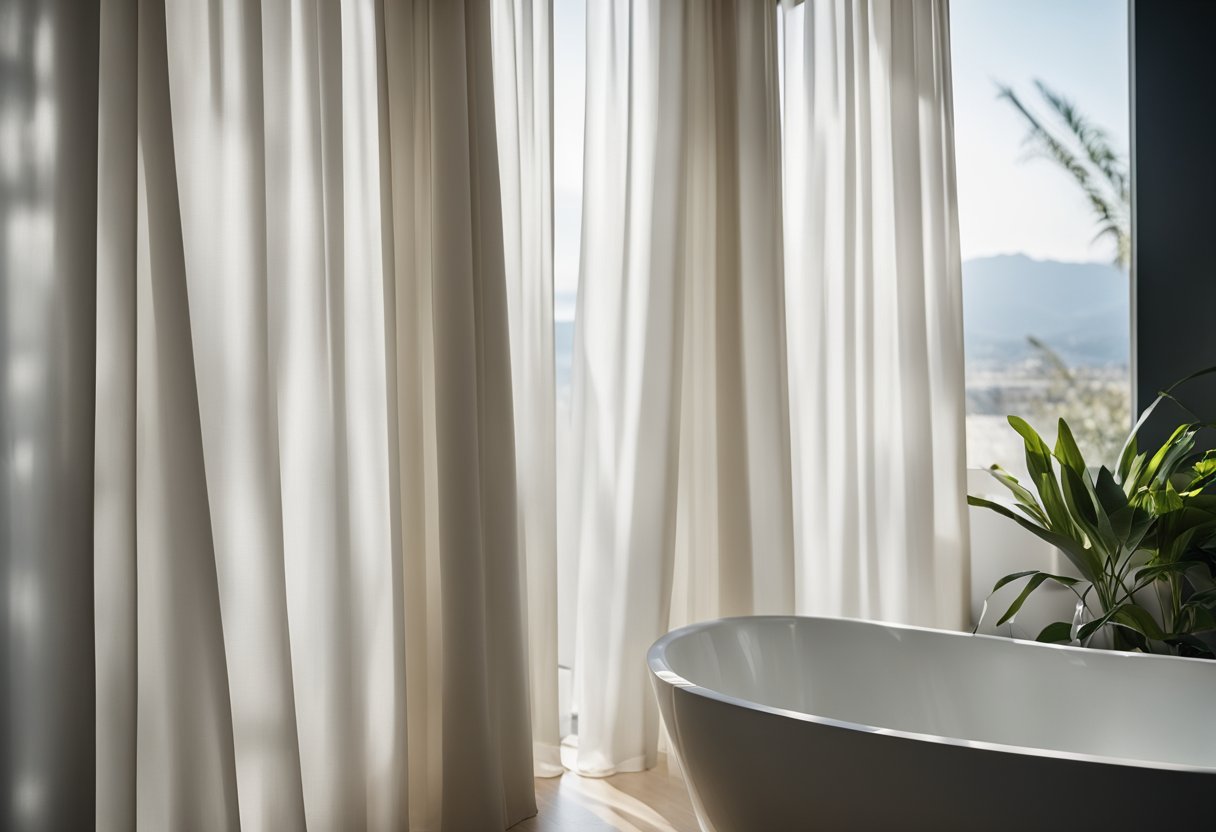 A bathroom with a translucent curtain, allowing light to filter through while maintaining privacy. The curtain is drawn to one side, revealing a modern, minimalist design