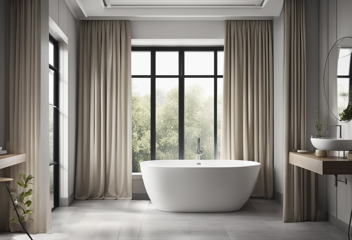 An empty bathroom with sleek curtain rods and hanging systems, showcasing various curtain ideas for a modern and stylish look