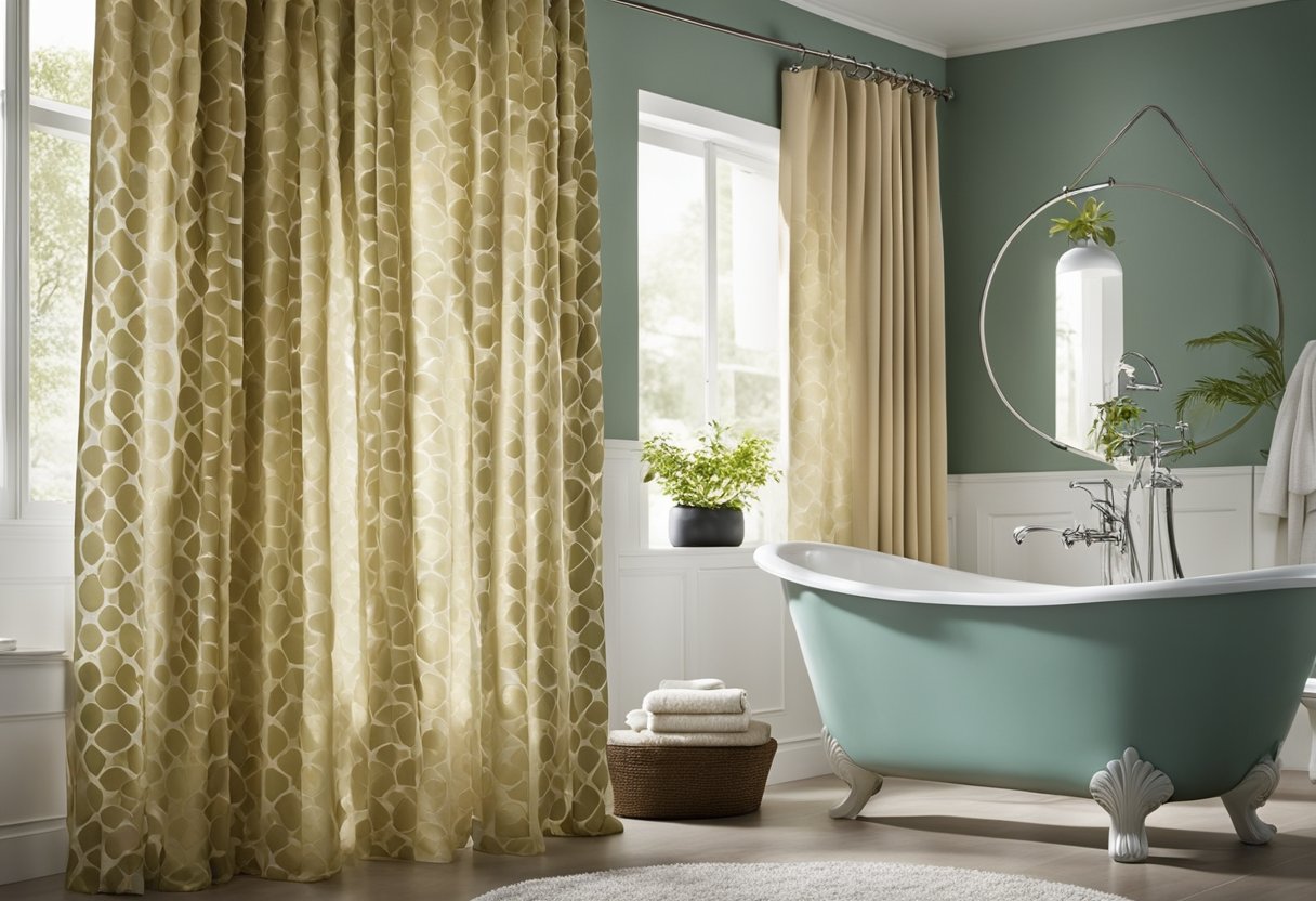 A bathroom curtain hangs from a rod, adorned with decorative hooks. The curtain features a stylish pattern or color scheme, complementing the overall bathroom decor