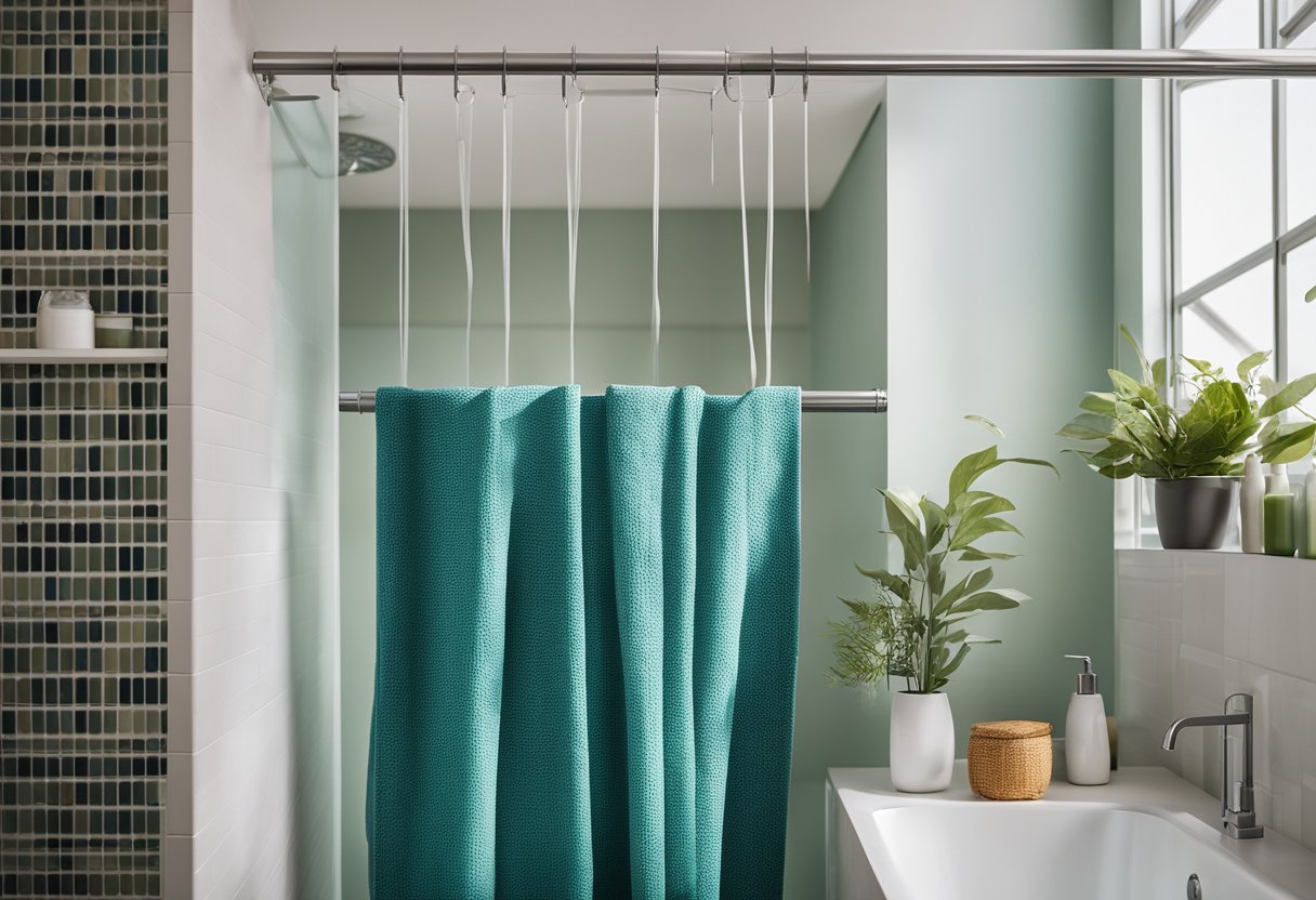 A hand reaches for a colorful shower curtain, hanging from a sleek rod in a modern bathroom. A shelf holds neatly folded towels and a basket of bath products