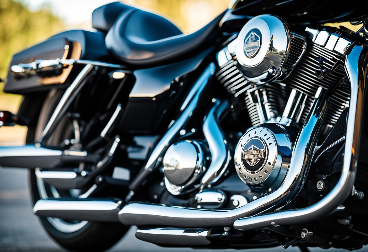 A Harley Davidson motorcycle with a sleek, shiny slip-on exhaust installed, emitting a deep, roaring sound. The exhaust is visibly larger and more aggressive-looking than the stock exhaust