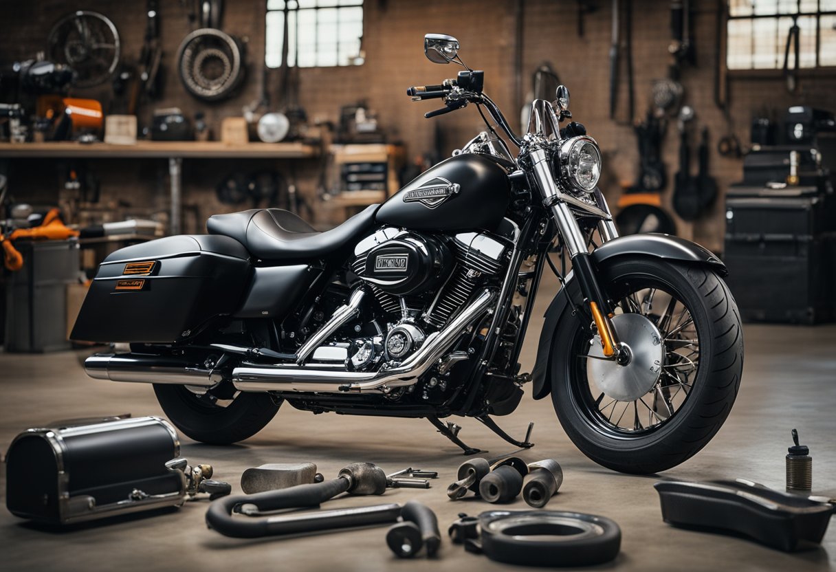 A Harley Davidson motorcycle with a loud slip-on exhaust, surrounded by tools, oil, and a maintenance manual