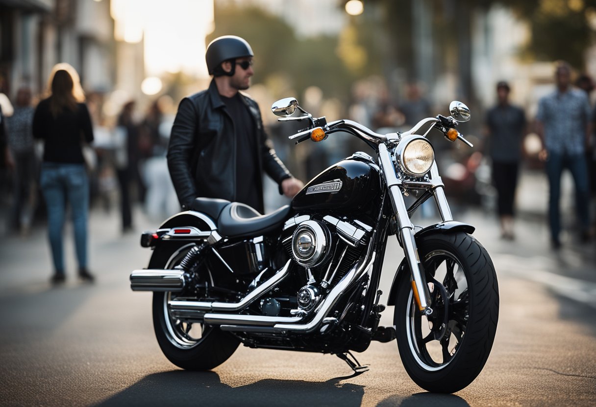 A Harley Davidson with a sleek, chrome slip-on exhaust, emitting a deep, roaring sound, surrounded by admiring onlookers