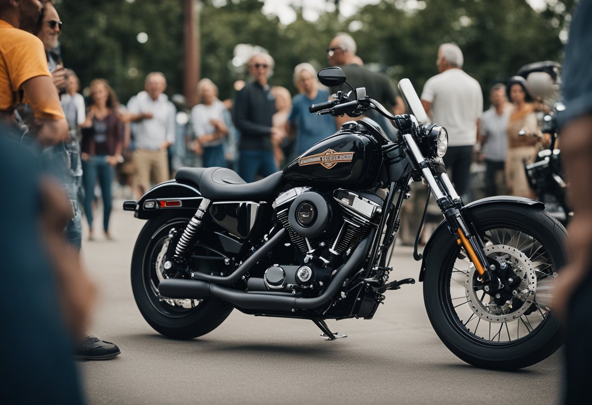 A Harley Davidson motorcycle with a loud slip-on exhaust, surrounded by curious onlookers with questions