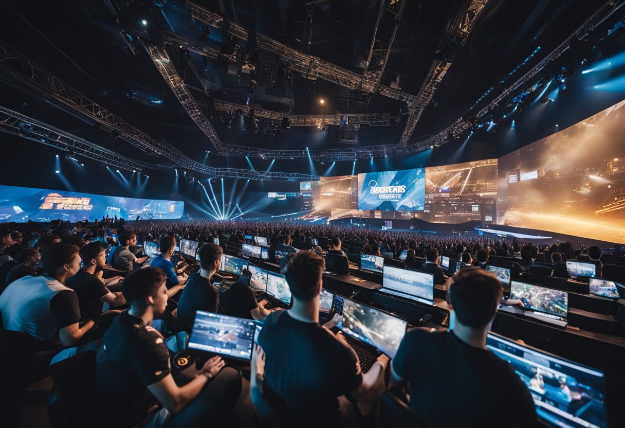 An esports arena filled with cheering fans, giant screens displaying intense gaming action, and players competing in front of a live audience