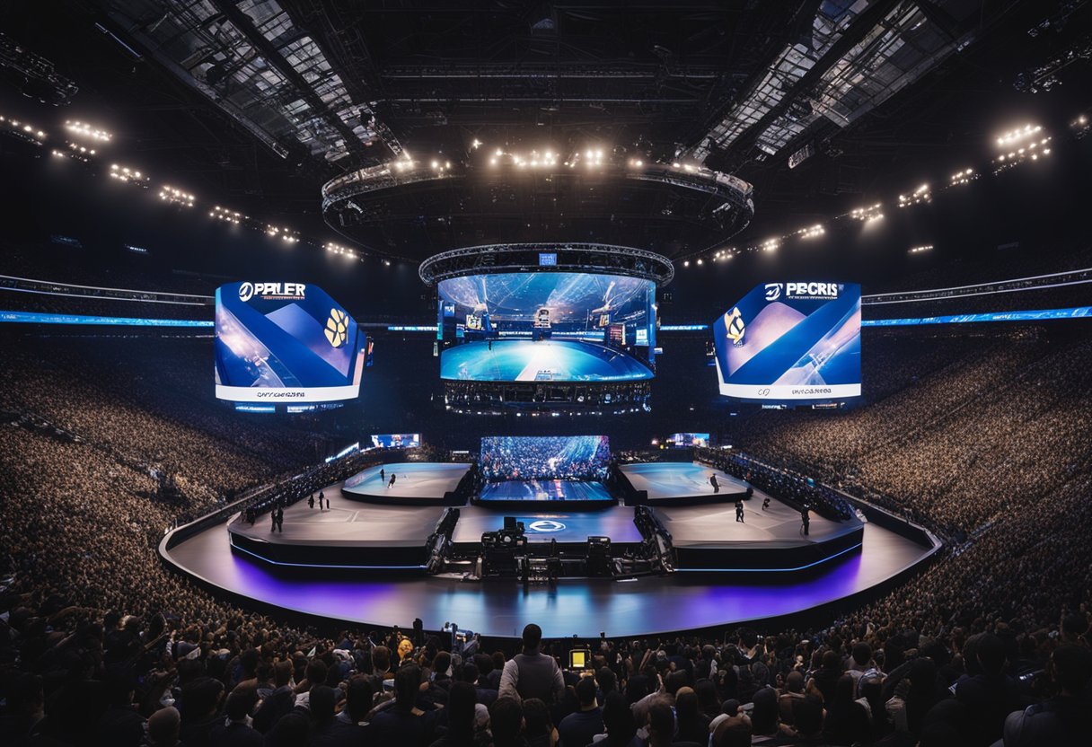 A crowded arena with giant screens, players competing on stage, and fans cheering enthusiastically. Banners and logos of various esports teams and sponsors are displayed prominently