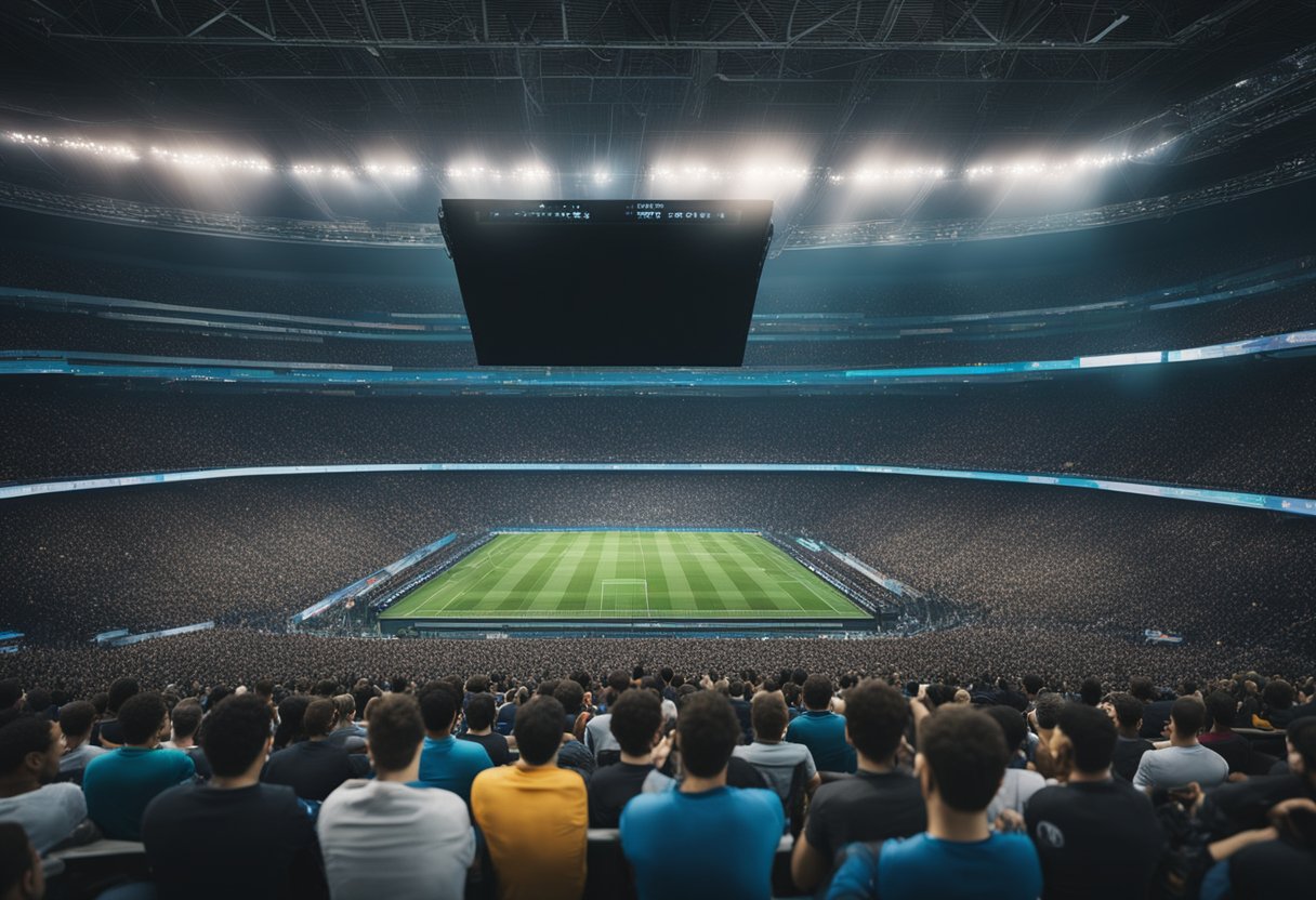 A crowded stadium with large screens showing intense video game matches, fans cheering and players focused on their screens