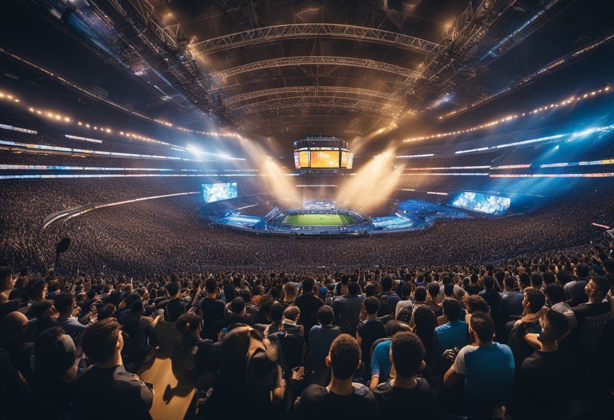 A crowded stadium with flashing lights and cheering fans, as two teams compete in a high-stakes esports tournament on a massive screen