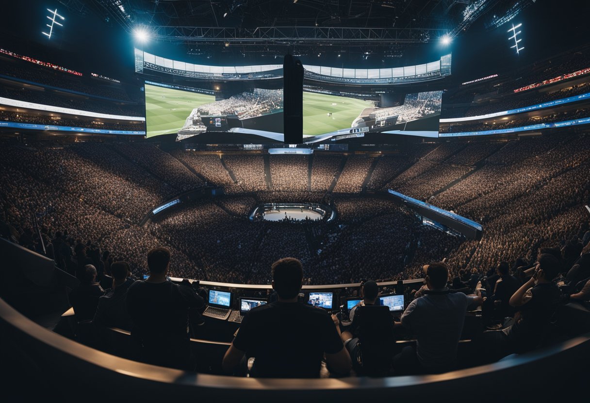 A crowded arena with large screens and cheering fans watching intense esports matches in popular genres like first-person shooters and multiplayer online battle arenas