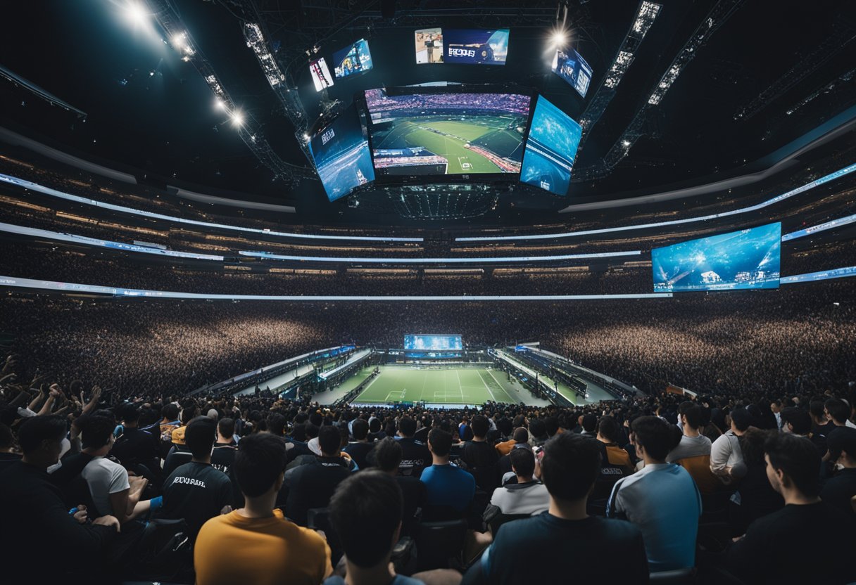 A crowded stadium filled with cheering fans, giant screens displaying intense gaming action, and players competing on stage in a high-stakes esports tournament