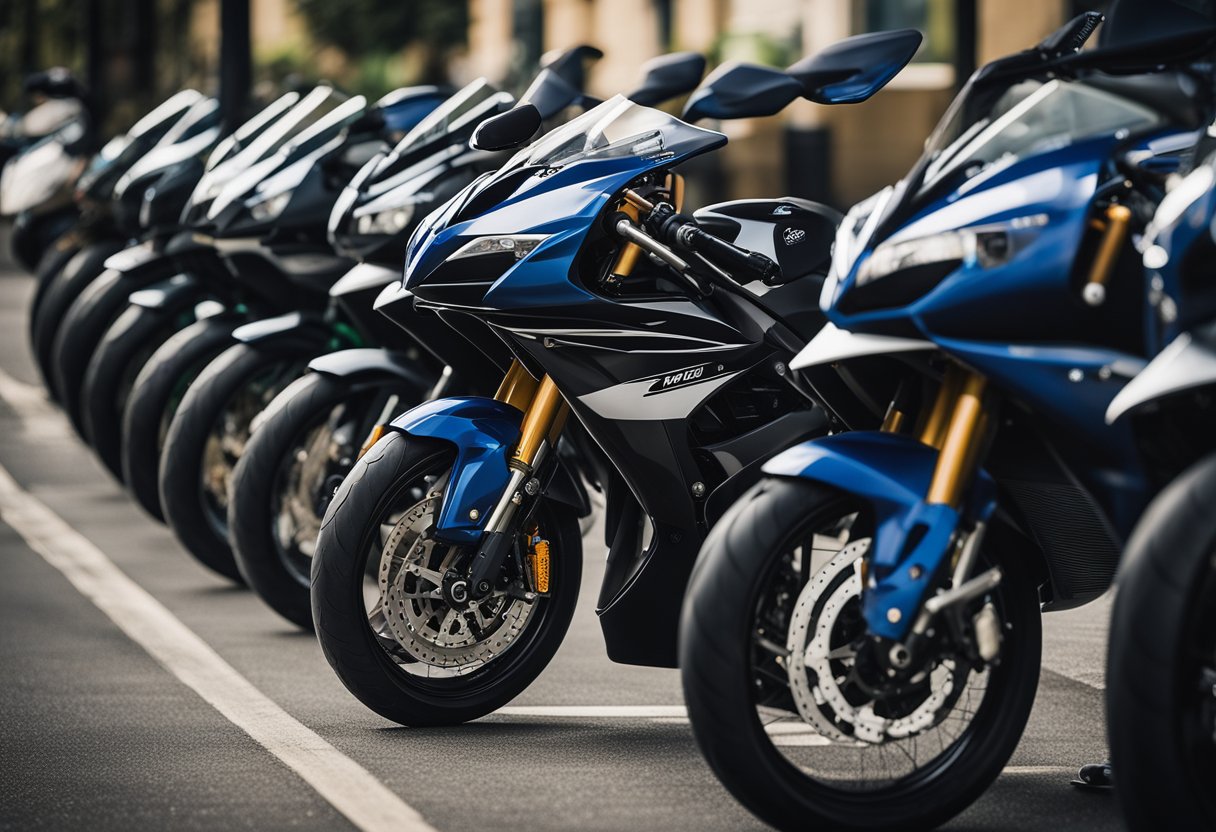 Several sport bikes parked in a row, with price tags under 5K displayed. Clear signage and well-maintained appearance