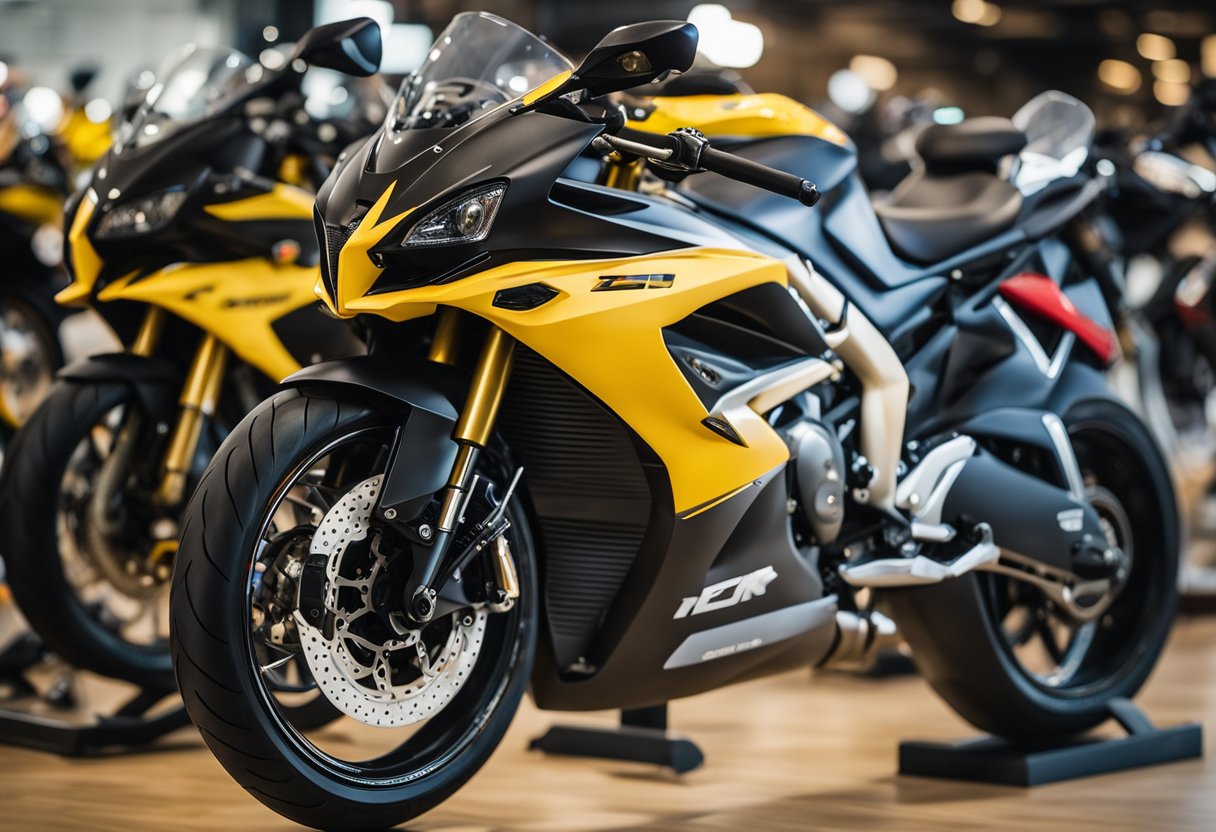 A lineup of affordable sport bikes, with price tags under 5K, displayed in a showroom. Various models and colors are showcased, highlighting the diversity of the market