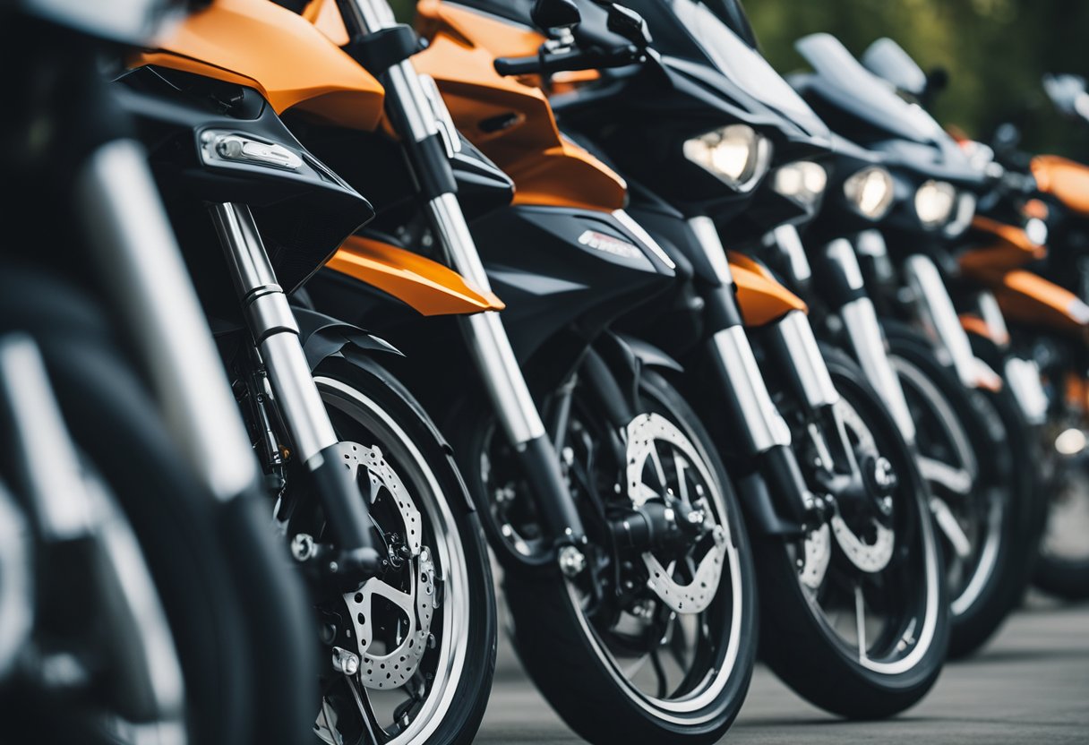 A row of sport bikes lined up for inspection, each with a price tag under 5K. The checklist is held in hand, with items being checked off one by one